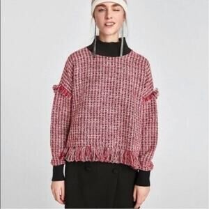 Zara Red Fringe Trim Tweed Sweater